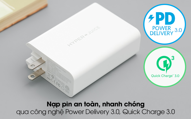 Adapter sạc 4 cổng USB Type C PD 100W HyperJuice HJ-GAN100 Trắng - Sạc nhanh, an toàn qua công nghệ Power Delivery 3.0, Quick Charge 3.0