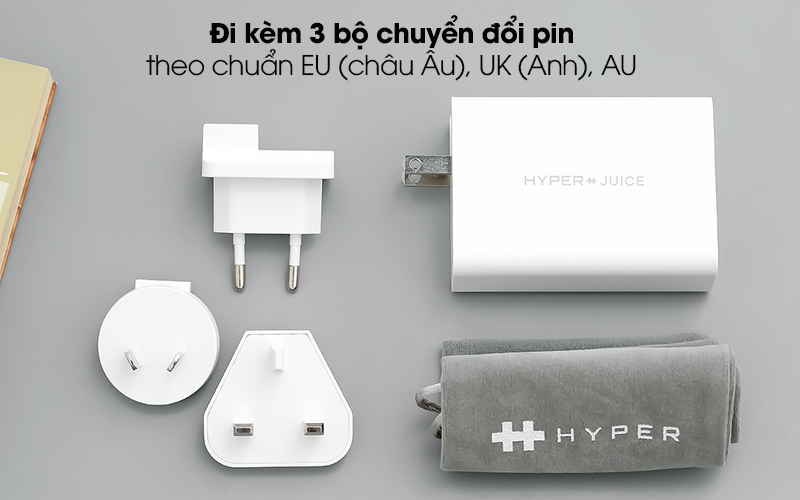 Adapter sạc 4 cổng USB Type C PD 100W HyperJuice HJ-GAN100 Trắng - Có 3 bộ chuyển đổi pin tiện dụng 