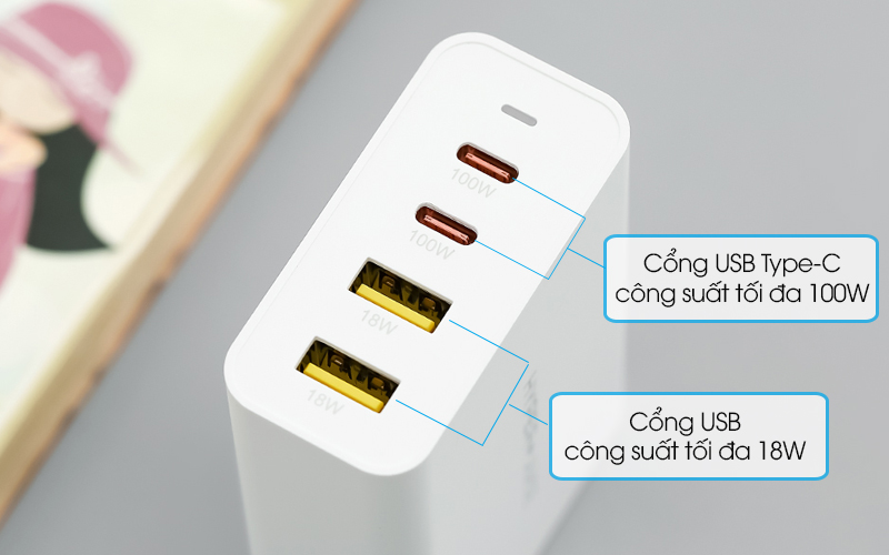 Adapter sạc 4 cổng USB Type C PD 100W HyperJuice HJ-GAN100 Trắng - 4 cổng kết nối