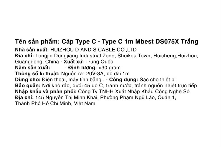 Cáp Type C - Type C 1m Mbest DS075X Màu Trắng