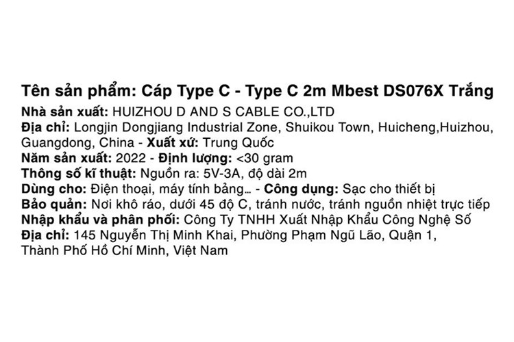 Cáp Type C - Type C 2m Mbest DS076X Màu Trắng
