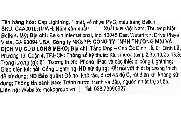 Cáp Lightning MFI 1m Belkin CAA001 Màu Trắng