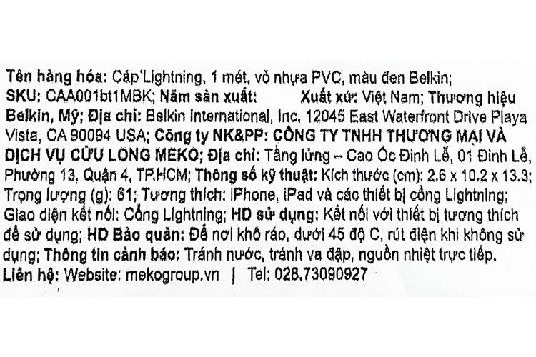Cáp Lightning MFI 1m Belkin CAA001 Màu Đen