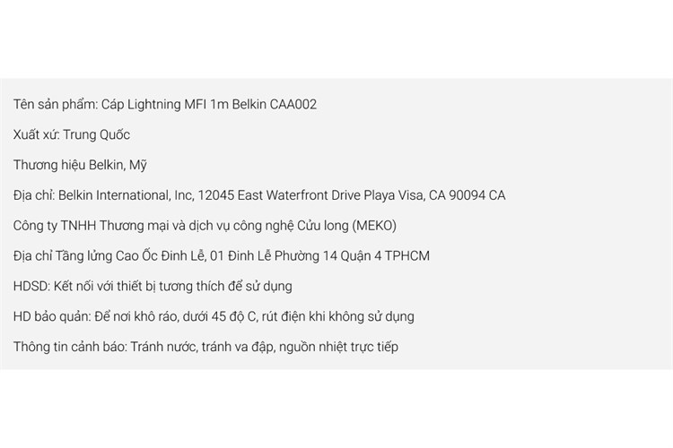 Cáp Lightning MFI 1m Belkin CAA002 Màu Trắng