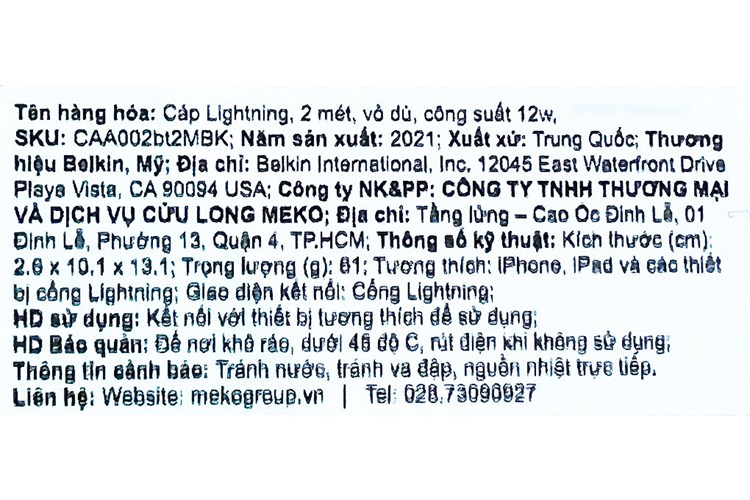 Cáp Lightning MFI 2m Belkin CAA002 Màu Đen