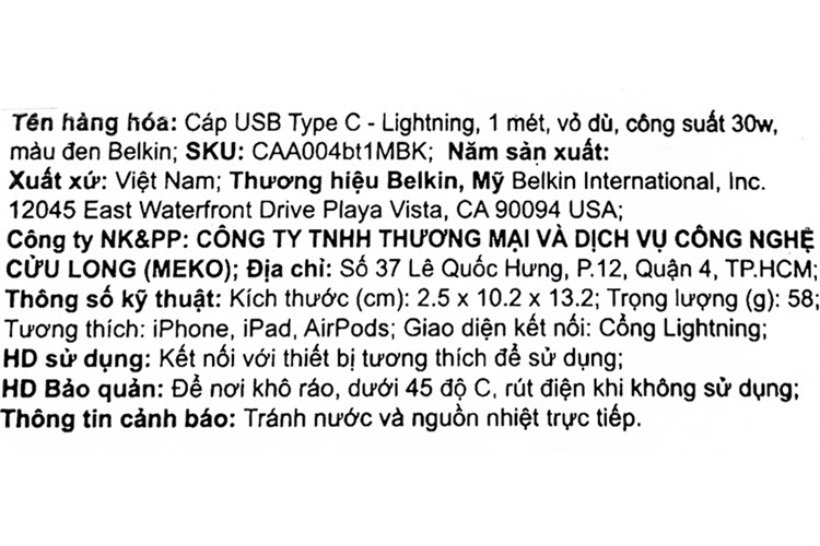 Cáp sạc Type C - Lightning MFI Belkin CAA004 1m Màu Đen