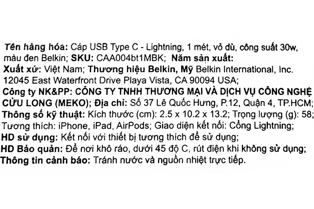 Cáp sạc Type C - Lightning MFI Belkin CAA004 1m Màu Đen