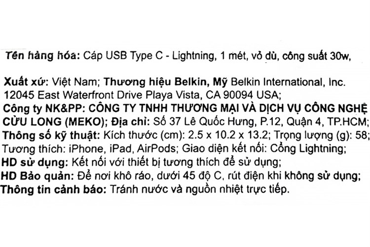 Cáp sạc Type C - Lightning MFI Belkin CAA004 1m Màu Trắng