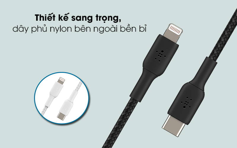 Cáp Type C - Lightning MFI 2m Belkin CAA004 - Thiết kế sang trọng, dây phủ nylon bên ngoài bền bỉ