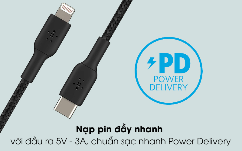 Cáp Type C - Lightning MFI 2m Belkin CAA004 - Nạp pin đầy nhanh rất nhiều với đầu ra 5V - 3A, chuẩn sạc nhanh Power Delivery