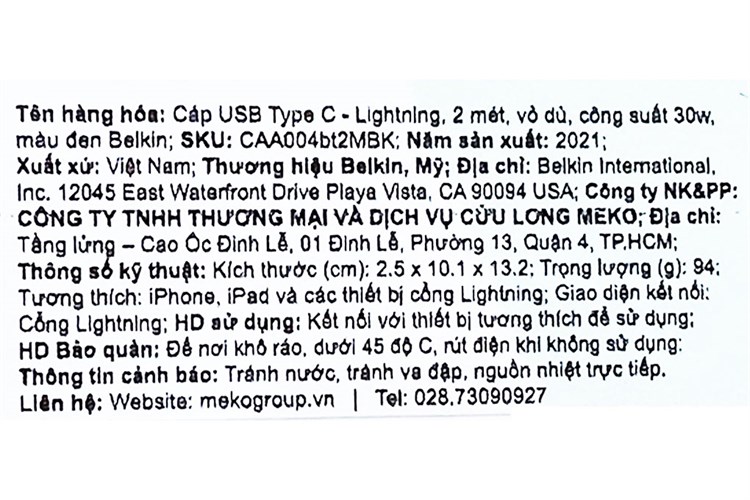 Cáp Type C - Lightning MFI 2m Belkin CAA004 Màu Đen