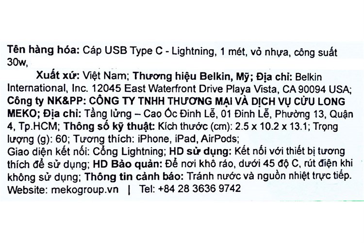 Cáp Type C - Lightning MFI 1m Belkin CAA003 Màu Đen