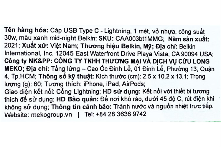 Cáp Type C - Lightning MFI 1m Belkin CAA003 Màu Xanh rêu