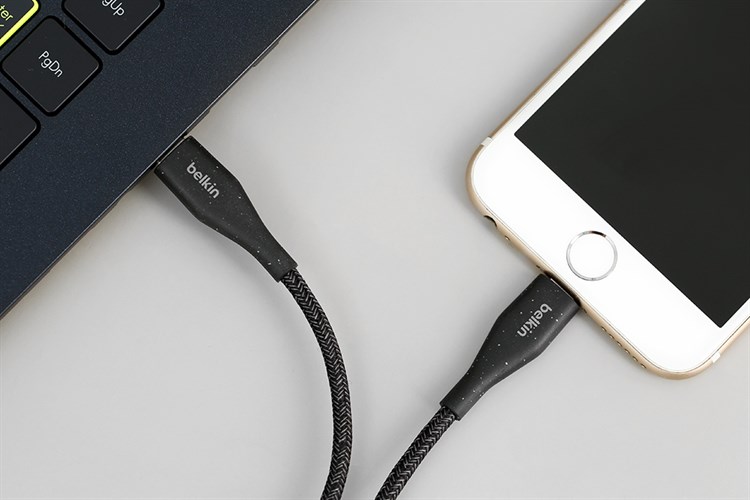 Cáp Type C - Lightning MFI 1.2m Belkin Duratex Plus F8J243 Màu Đen