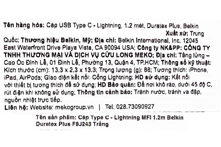 Cáp Type C - Lightning MFI 1.2m Belkin Duratex Plus F8J243 Màu Đen