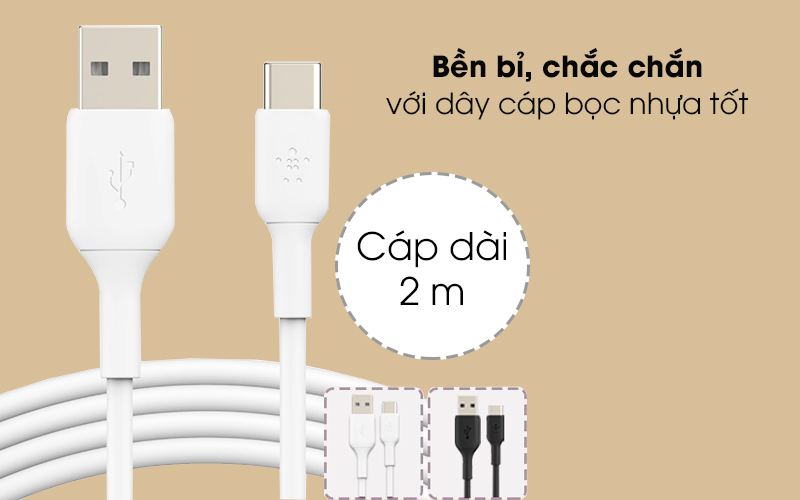 Cáp Type C 2m Belkin CAB001 - Sử dụng tiện lợi với thiết kế gọn nhẹ, dây dài 2 m Cáp Type C 2m Belkin CAB001 - Sử dụng tiện lợi với thiết kế gọn nhẹ, dây dài 2 m