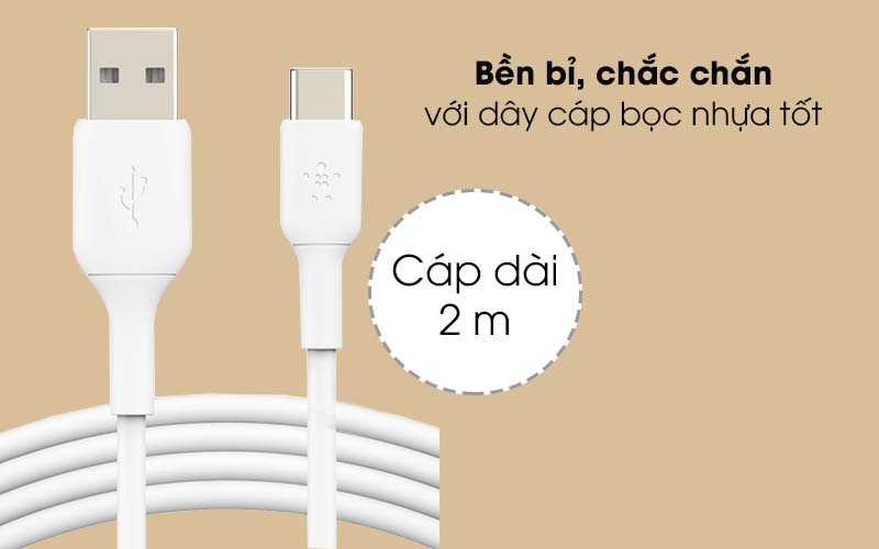 Cáp Type C 2m Belkin CAB001 - Thiết kế chắc chắn, bền bỉ với dây bọc nhựa tốt 