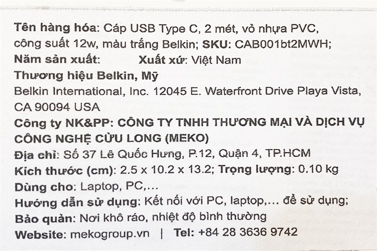 Cáp Type C 2m Belkin CAB001 Màu Trắng
