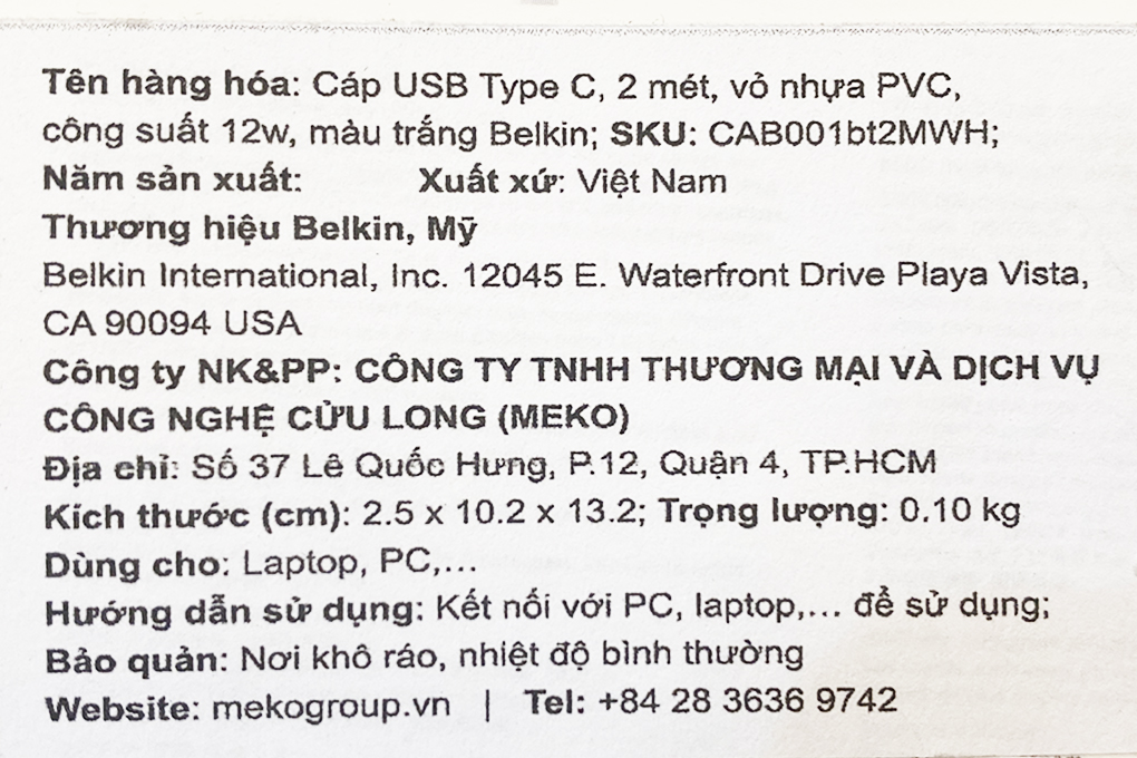 Cáp Type C 2m Belkin CAB001 Màu Đen