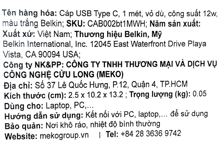 Cáp Type C 1m Belkin CAB002 Màu Trắng