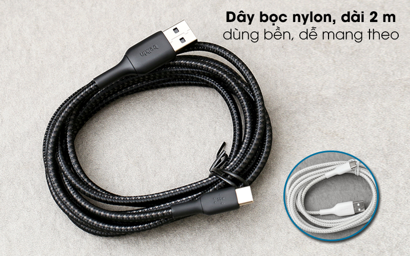 Cáp Type C 2m Belkin CAB002 - Cáp sạc gọn chắc với vỏ bọc nylon bệt dẻo dai Cáp Type C 2m Belkin CAB002 - Cáp sạc gọn chắc với vỏ bọc nylon bệt dẻo dai