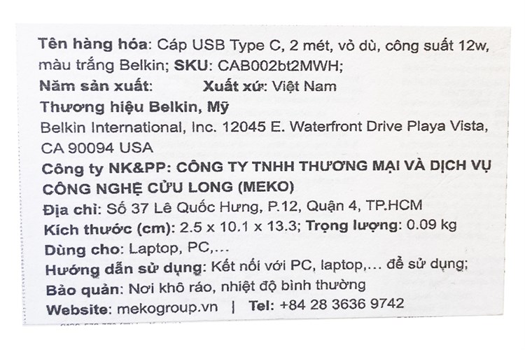 Cáp Type C 2m Belkin CAB002 Màu Trắng