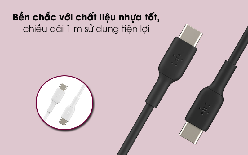 Cáp Type C - Type C 1m Belkin CAB003 - Kiểu dáng năng động, 2 tone màu đen sang trọng và trắng thanh lịch