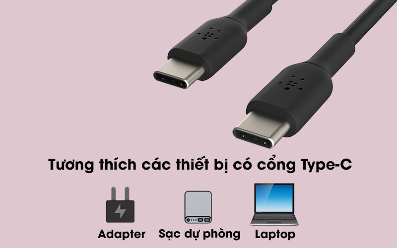 Cáp Type C - Type C 1m Belkin CAB003 - Đầu Type-C tương thích với các thiết bị có cổng Type-C