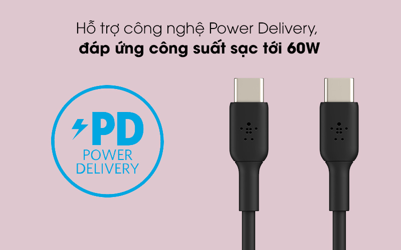 Cáp Type C - Type C 1m Belkin CAB003 - Hỗ trợ công nghệ Power Delivery, đáp ứng công suất sạc tới 60W