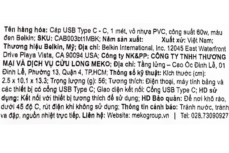 Cáp Type C - Type C 1m Belkin CAB003 Màu Đen