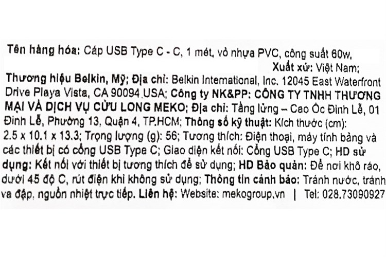Cáp Type C - Type C 1m Belkin CAB003 Màu Trắng