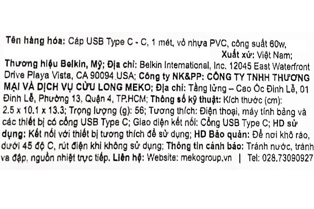 Cáp Type C - Type C 1m Belkin CAB003 Màu Trắng