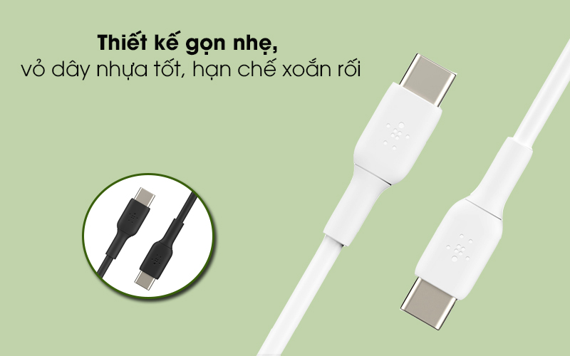 Cáp Type C - Type C 2m Belkin CAB003 - Thiết kế gọn nhẹ, vỏ dây nhựa chất lượng, chống rối tốt