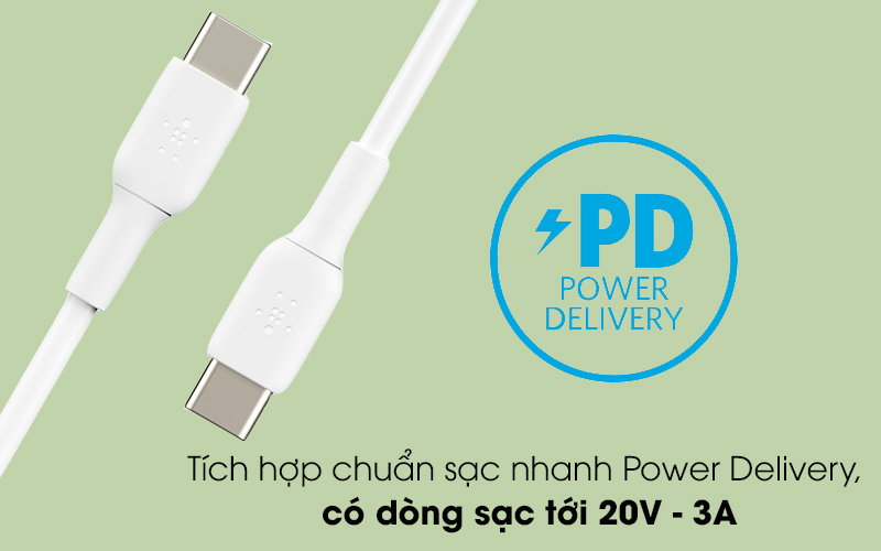 Cáp Type C - Type C 2m Belkin CAB003 - Tích hợp chuẩn sạc nhanh Power Delivery, có dòng sạc tới 20V - 3A