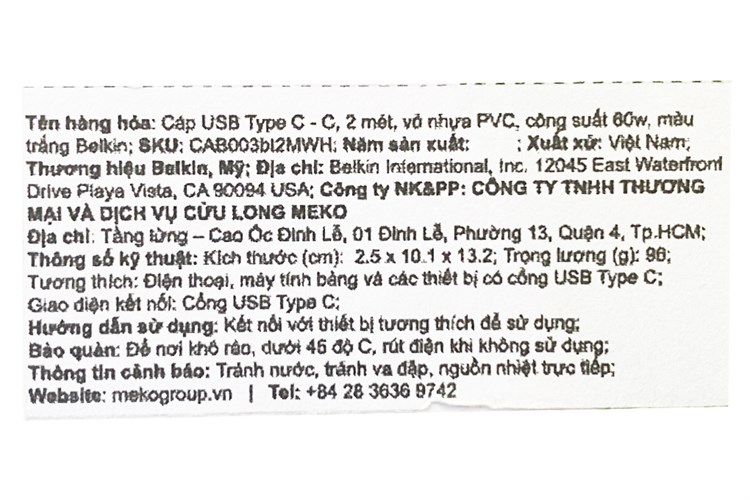 Cáp Type C - Type C 2m Belkin CAB003 Màu Trắng