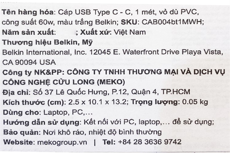 Cáp Type C - Type C 1m Belkin CAB004 Màu Trắng