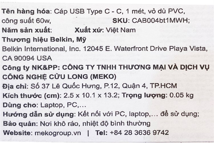 Cáp Type C - Type C 1m Belkin CAB004 Màu Đen