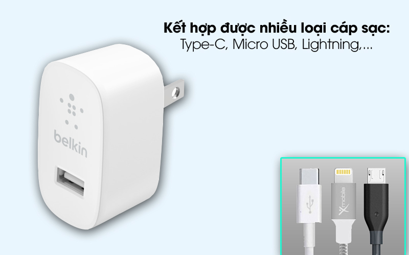 Adapter sạc 12W Belkin WCA002 Trắng - Dùng được với nhiều cáp sạc Adapter sạc 12W Belkin WCA002 Trắng - Dùng được với nhiều cáp sạc