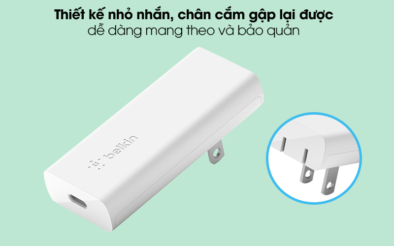 Adapter sạc Type C PD 20W GaN Belkin WCH009 Trắng - Vẻ ngoài đơn giản, jack 2 chân cắm phổ biến