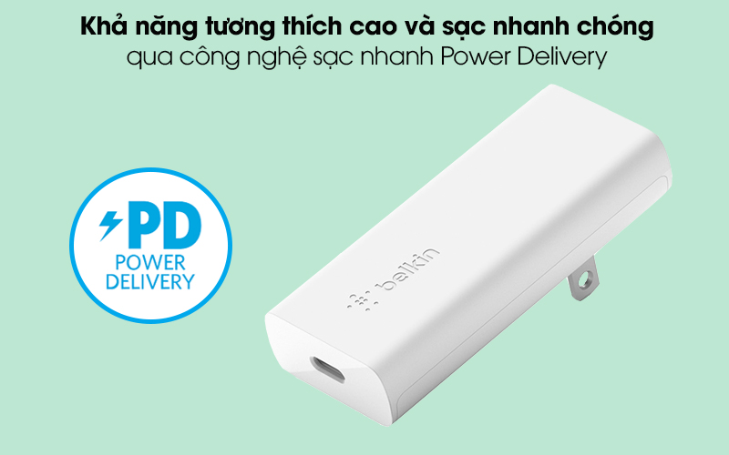 Adapter sạc Type C PD 20W GaN Belkin WCH009 Trắng - Công nghệ Power Delivery cho khả năng tương thích cao và sạc nhanh chóng