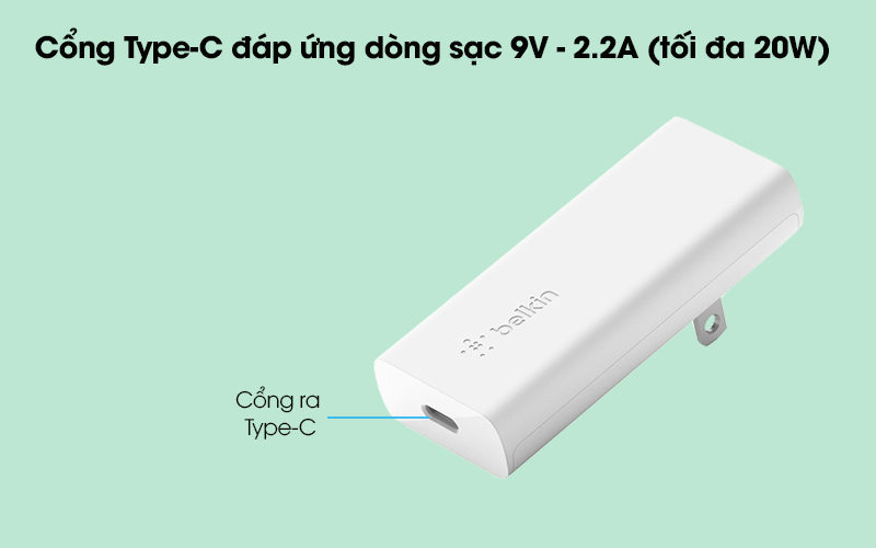 Adapter sạc Type C PD 20W GaN Belkin WCH009 Trắng - Cổng Type-C đáp ứng dòng sạc 9V - 2.2A (tối đa 20W) 