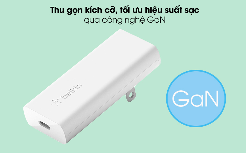 Adapter sạc Type C PD 20W GaN Belkin WCH009 Trắng - Kích cỡ nhỏ gọn và bền tốt với công nghệ GaN