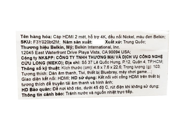 Cáp HDMI 2.0 Tròn 2m Belkin F3Y02 Đen Màu Đen