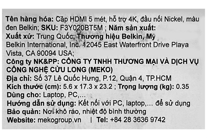 Cáp HDMI 2.0 Tròn 5m Belkin F3Y02 Màu Đen