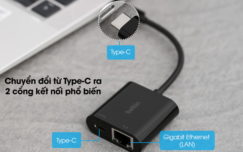 Adapter chuyển đổi Type C - Gigabit Ethernet Belkin INC001 Đen - Hỗ trợ 2 cổng kết nối phổ biến