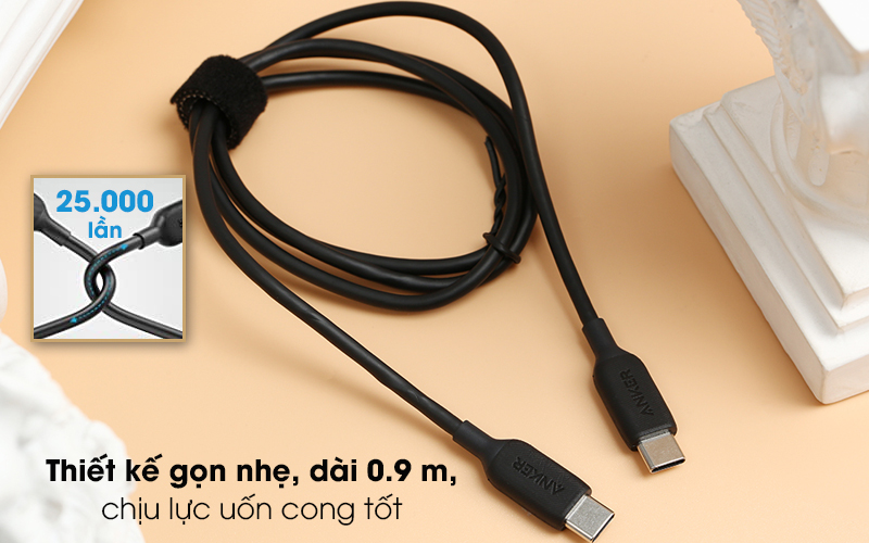 Cáp Type C - Type C Anker PowerLine III A8852 - Kiểu dáng hiện đại, màu đen thanh lịch, dây dài 0.9 m