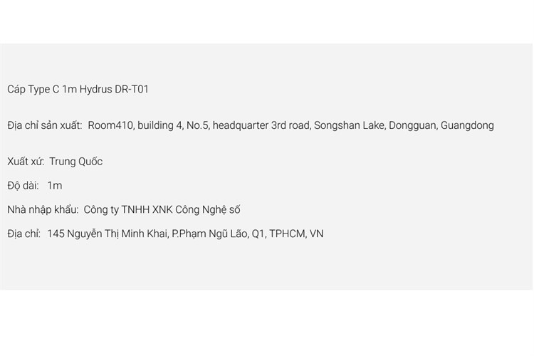 Cáp Type C 1m Hydrus DR-T01 Màu Trắng
