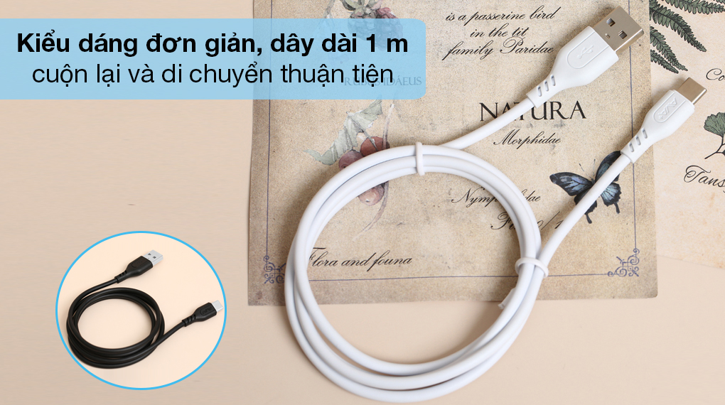 Cáp Type C AVA+ DS07 - Có dây dẫn thanh mảnh, màu trắng và đen sang trọng