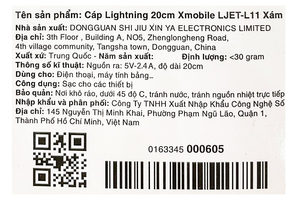 Cáp sạc và truyền dữ liệu USB-A - Lightning 12W 0.2m Xmobile LJET-L11 Màu Xám