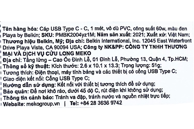 Cáp Type C - Type C 1m Playa PM2004 Màu Đen